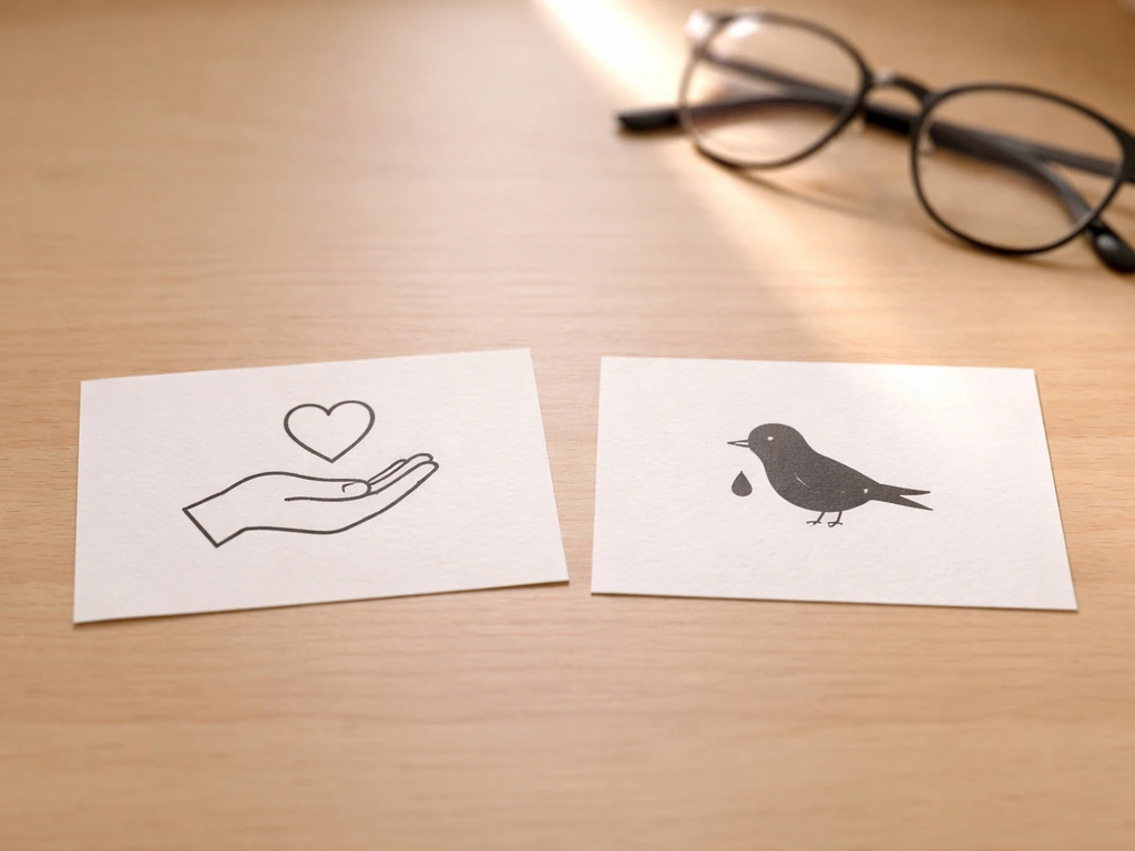 Two simple cue cards on a wooden desk—one with a heart hand symbol, one with an injured bird symbol.