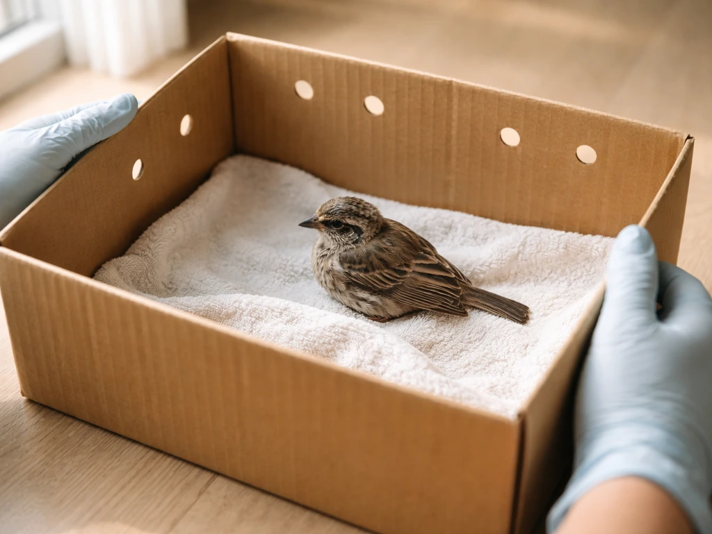 Gloved hands place a towel-lined box holding an injured bird in calm, immediate first-aid containment.