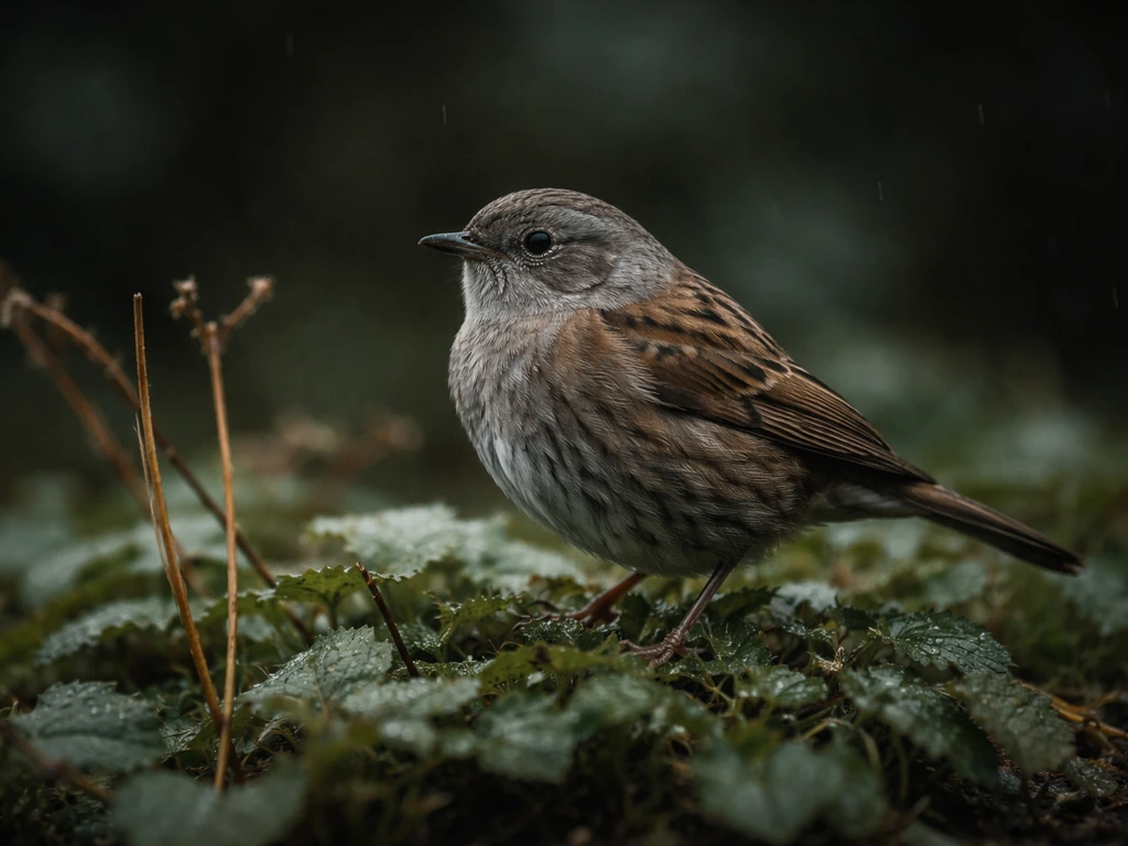 Moody small European bird perched on low vegetation, with blurred dark background representing uncertain bird meaning.