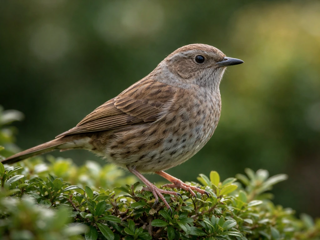 A small brown dunnock-like bird perched on a hedge branch, side profile with visible beak and plumage.