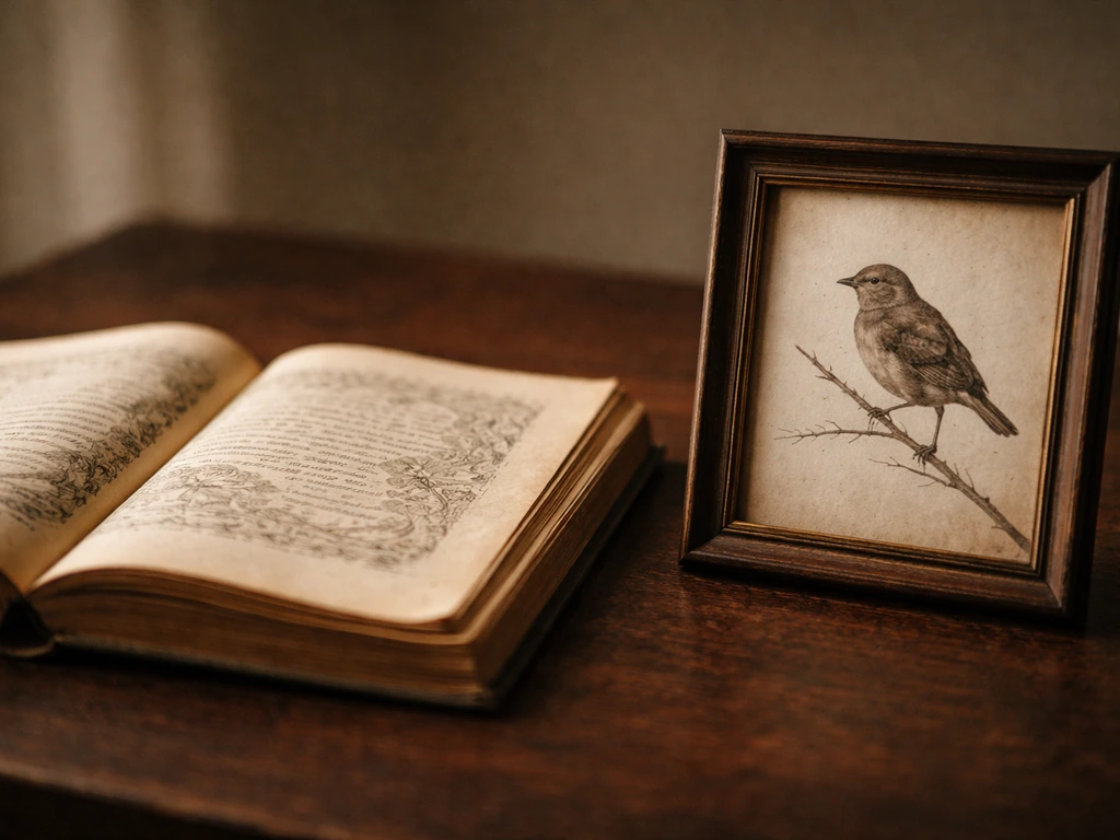 Open folklore book page with a vintage illustration of a small bird on a branch beside it.