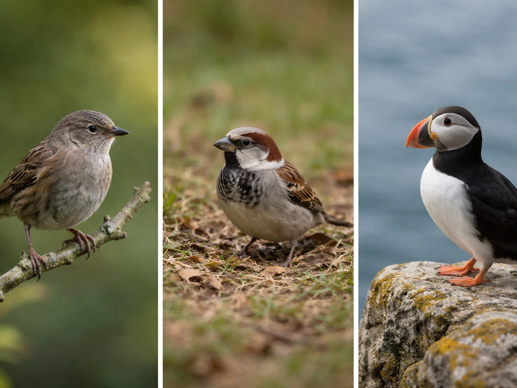 Three small birds perched on twigs and rocks in soft daylight, spaced for a simple mix-up comparison.