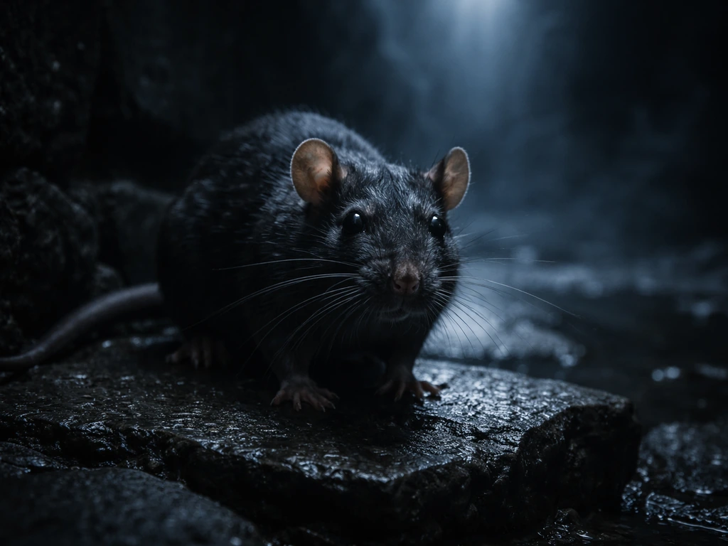 Close-up of a dark rat on cracked stone in a dim, ominous alley at night