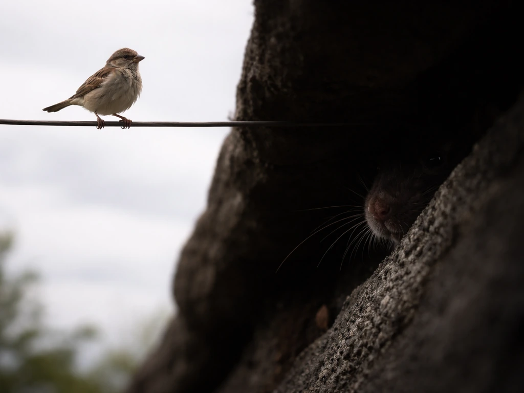 A visible bird perched on an overhead wire while a rat is implied in a nearby shadowed hiding spot.