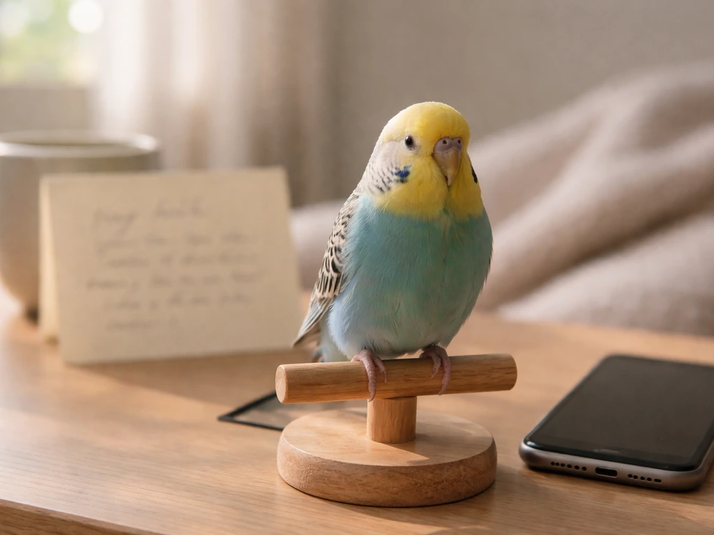 Cozy small pet bird perched by a messaging device with a casual note suggesting everyday “my bird meaning.”