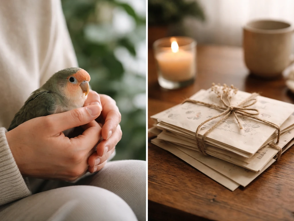 Left: person gently holding a small pet bird. Right: intimate greeting cards/notes suggesting affectionate slang.