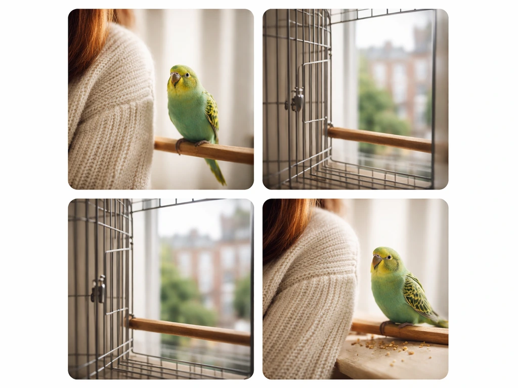 Minimal 2x2 collage of an indoor parakeet and an open birdcage, implying UK slang meanings without any text.