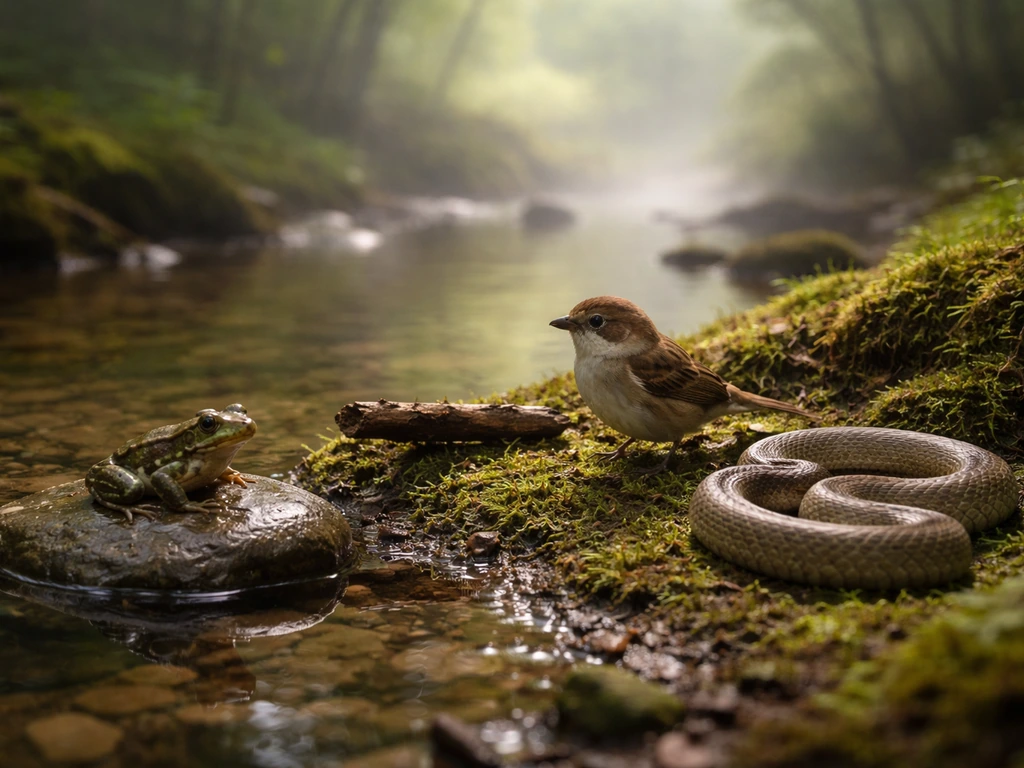Frog, small bird, and snake together on a mossy forest floor by a stream in natural light.