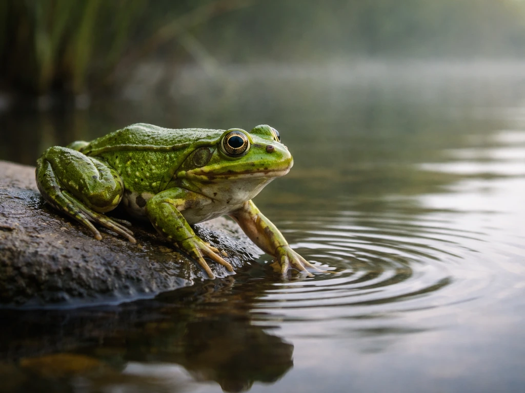 Green frog at the edge of a pond with water ripples, symbolizing renewal and transition