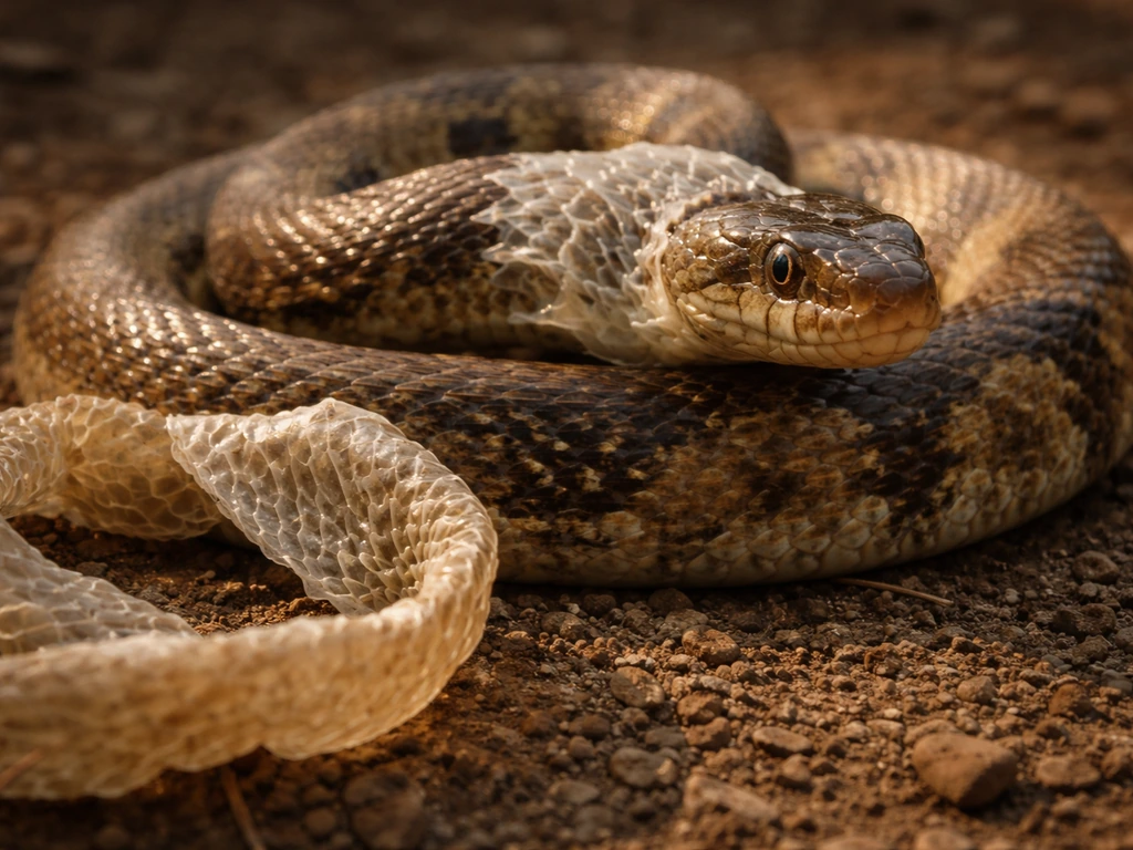 Close-up of a snake shedding its skin beside the shed layer, symbolizing transformation and healing