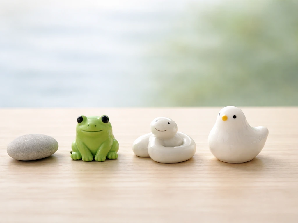 Minimal desk scene with three small ceramic animal figurines, evoking change and transition.