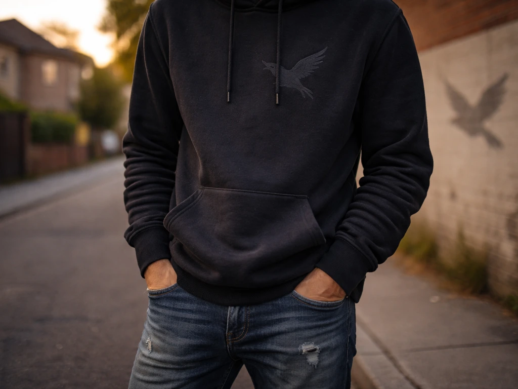Close-up of street-style hoodie fabric with a subtle stylized bird emblem, urban sidewalk backdrop