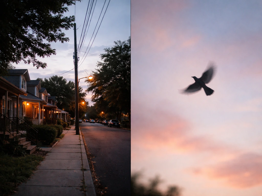 Minimal split-style photo showing a neighborhood street vibe and a generic bird silhouette as slang symbolism