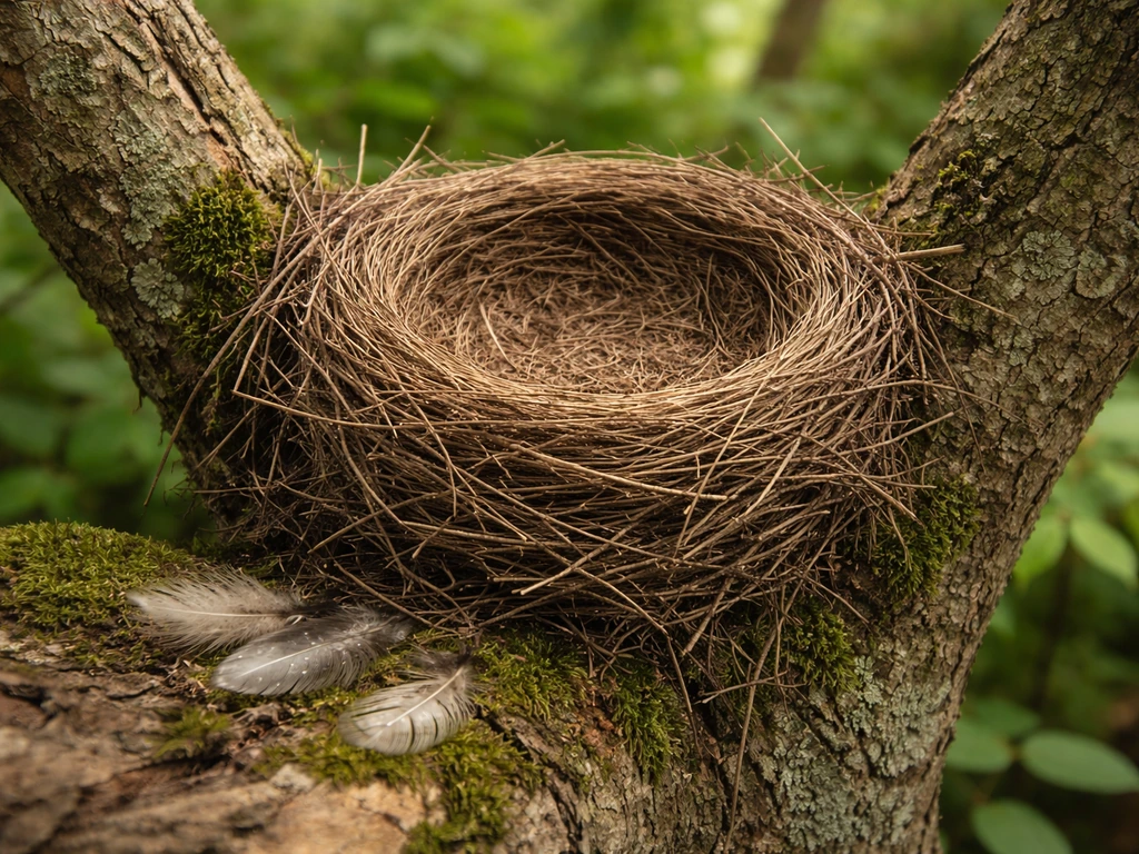 Empty bird nest in a tree branch with a few nearby fallen feathers, natural outdoor lighting.