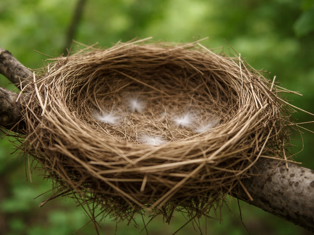 A natural bird nest that appears empty, with an intact structure and faint down in soft light.