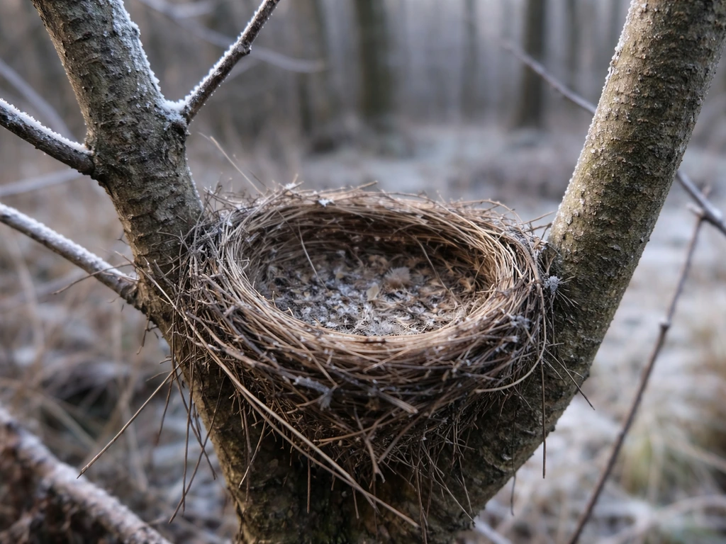 An abandoned bird’s nest on a branch with seasonal dry grasses and tiny feather remnants in soft winter light.