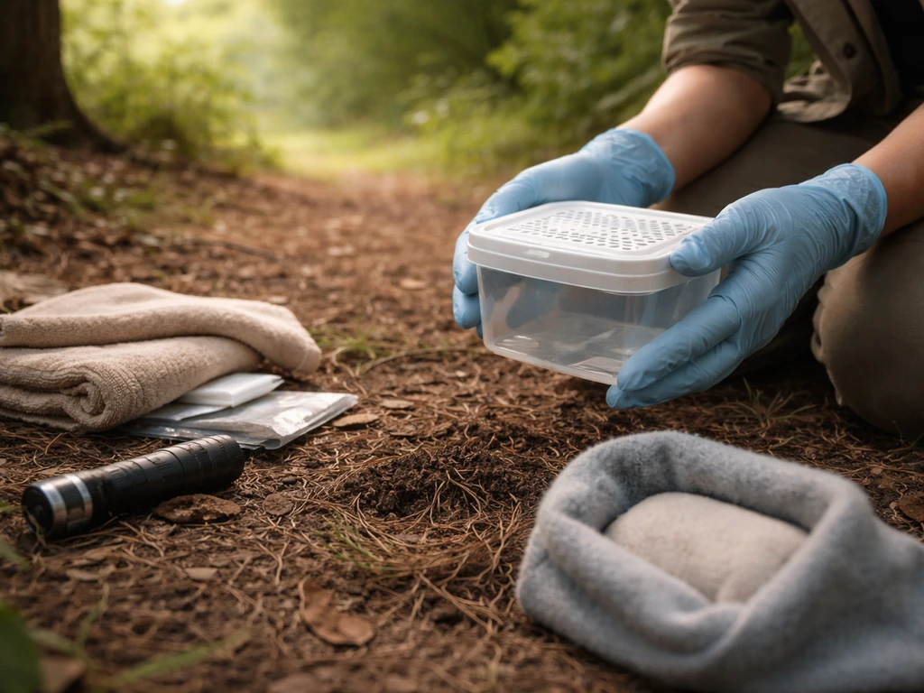 Gloved hands holding a small animal-safe container near a nest while a wildlife rehabilitator kit sits nearby.