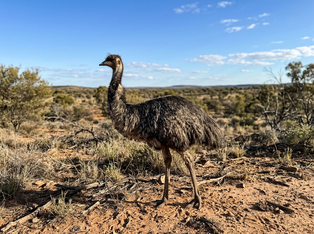 Emu bird standing in an Australian outback landscape representing emu bird meaning, symbolism, and grounded traits.
