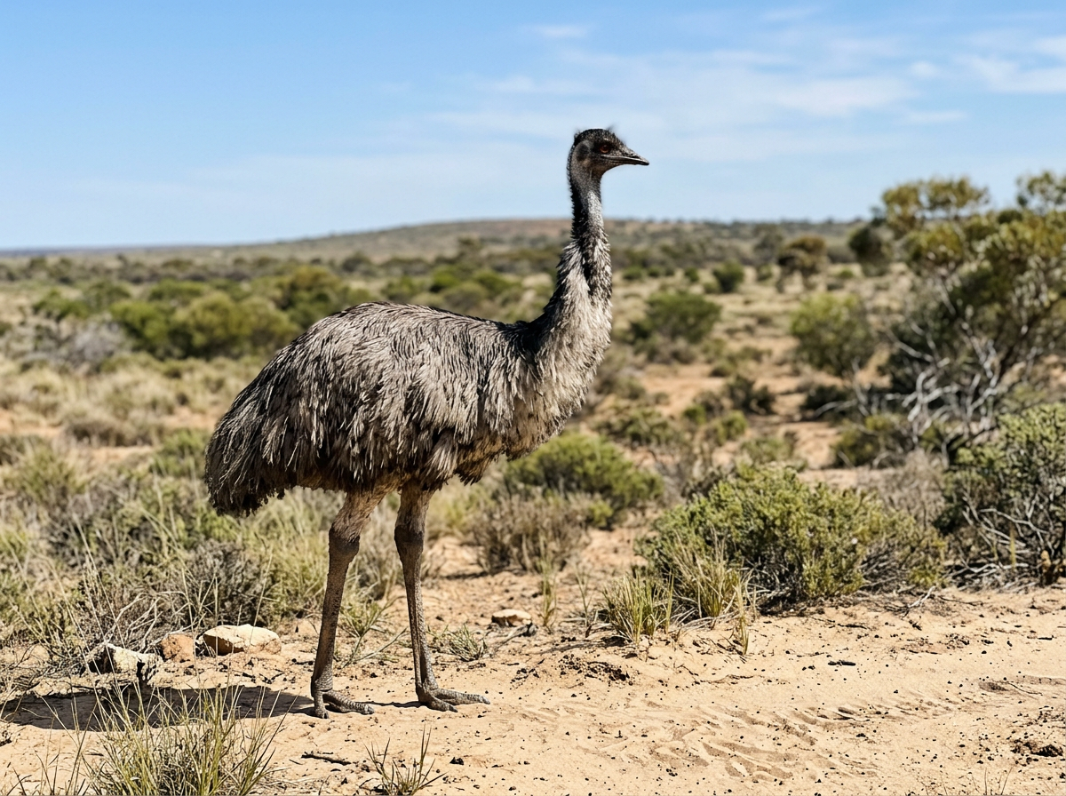 Tall emu in Australia’s outback showing its literal definition and physical traits