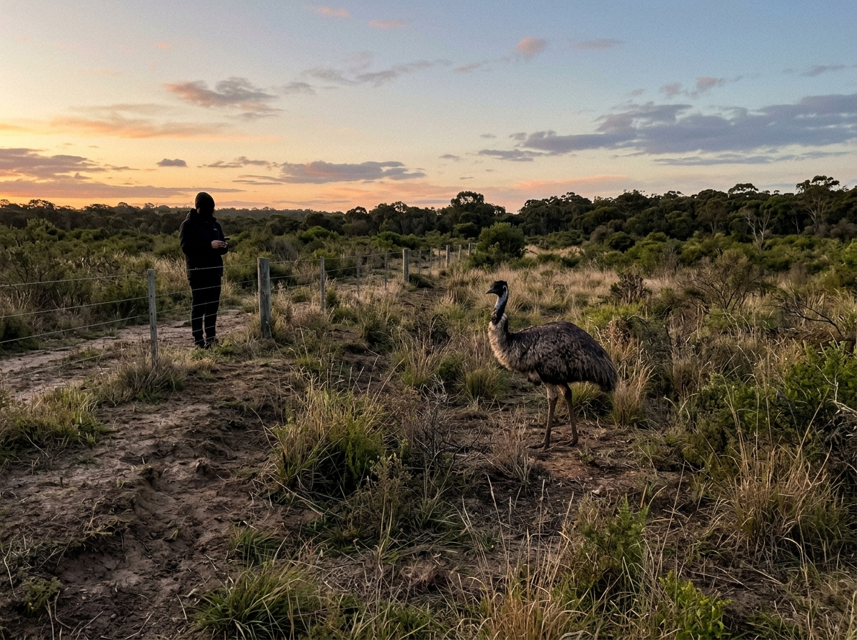 Person observing an emu in the wild from a safe distance at dusk