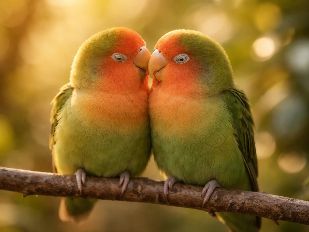 Two lovebirds cuddled on a branch in warm natural light, conveying affection and symbolism.
