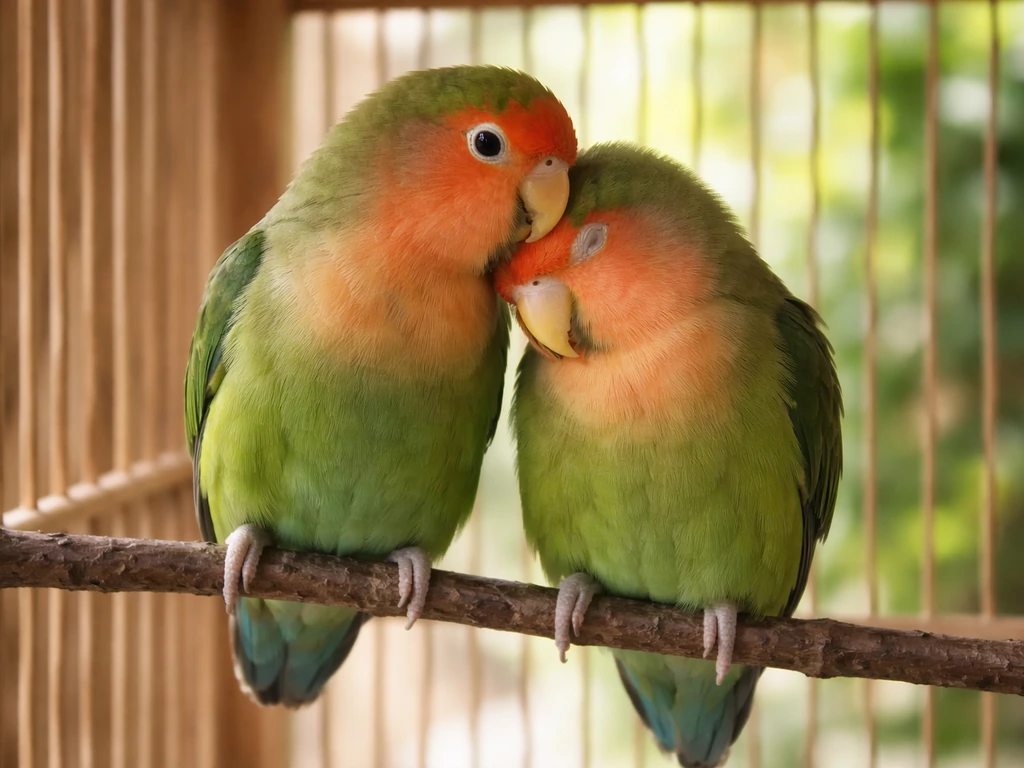 Two small lovebirds perched closely together, softly grooming in a natural indoor cage setting.