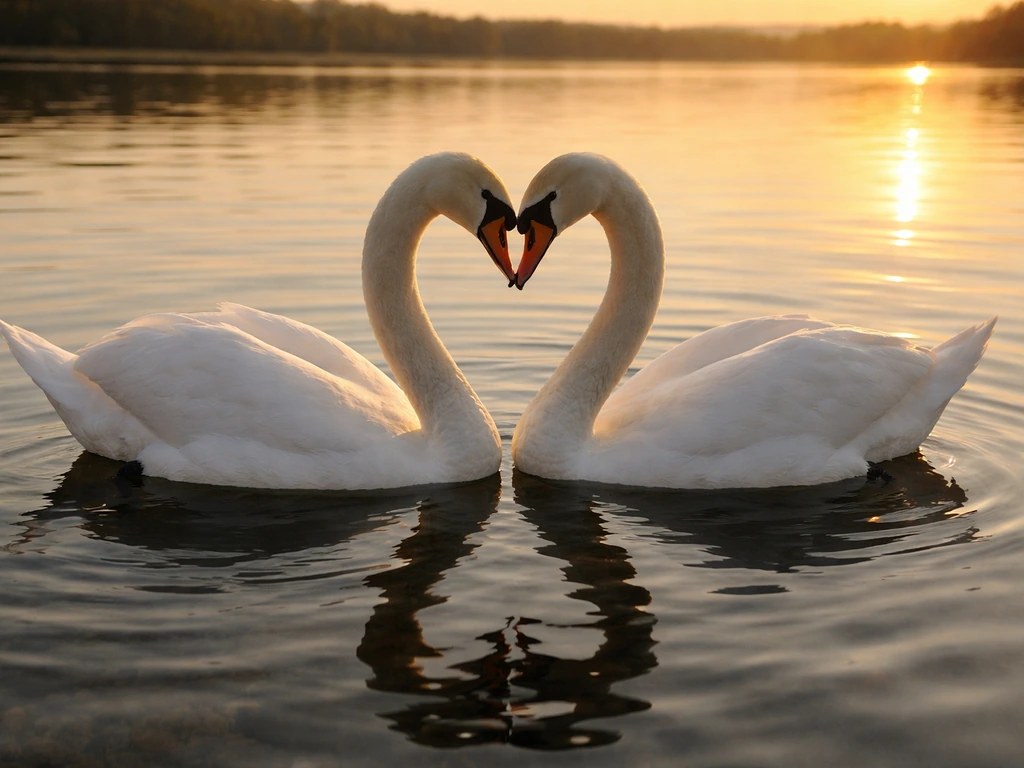 Two swans facing each other with necks curved into a heart-like shape on a calm lake.