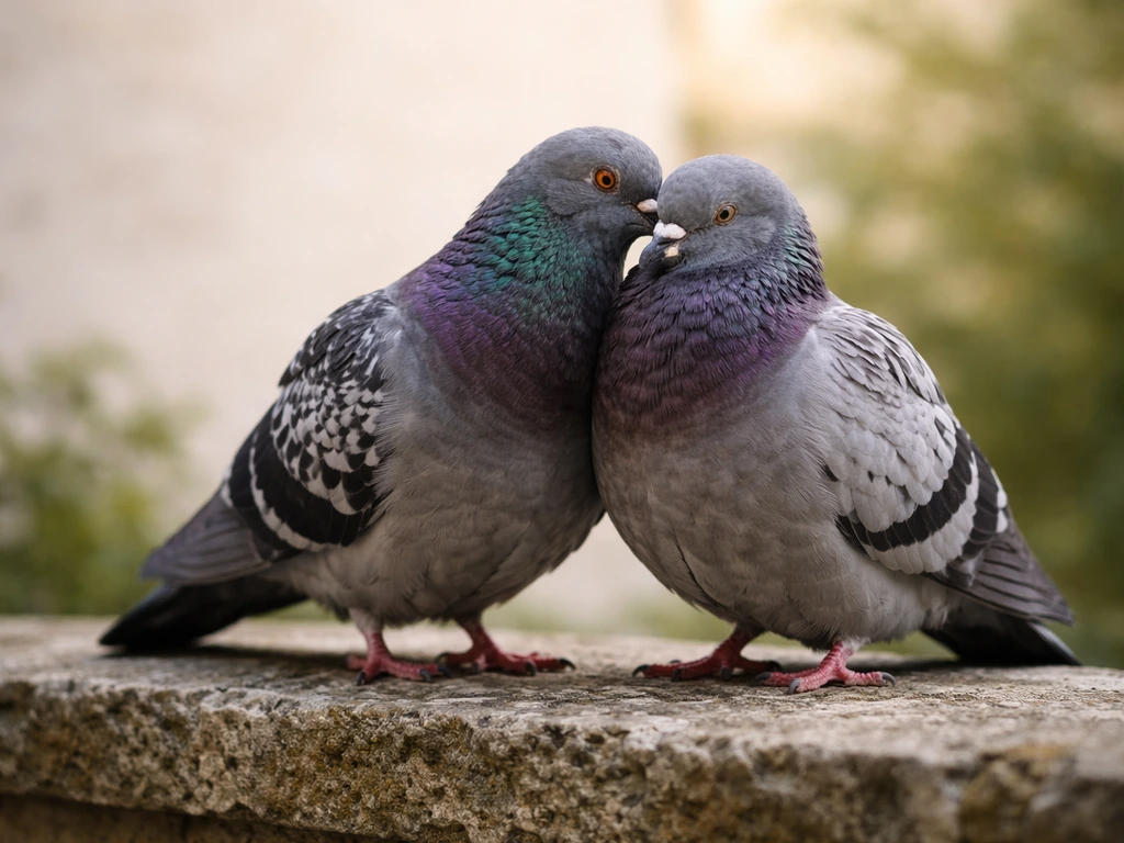 A bonded pair of pigeons perched close together on a quiet stone ledge