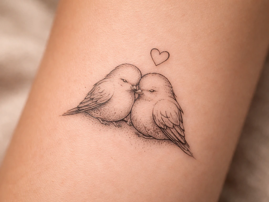 Close-up of delicate lovebird-style tattoo design elements with soft shadows on skin-like background