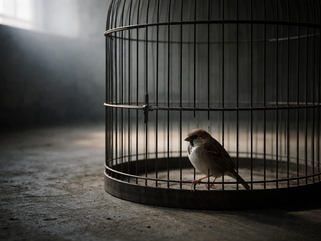 Moody small bird inside a prison-style cage with side light on a concrete floor, symbolizing captivity