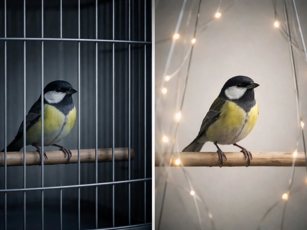 A small bird in a barred cage beside the same bird freed but surrounded by light strings and bars