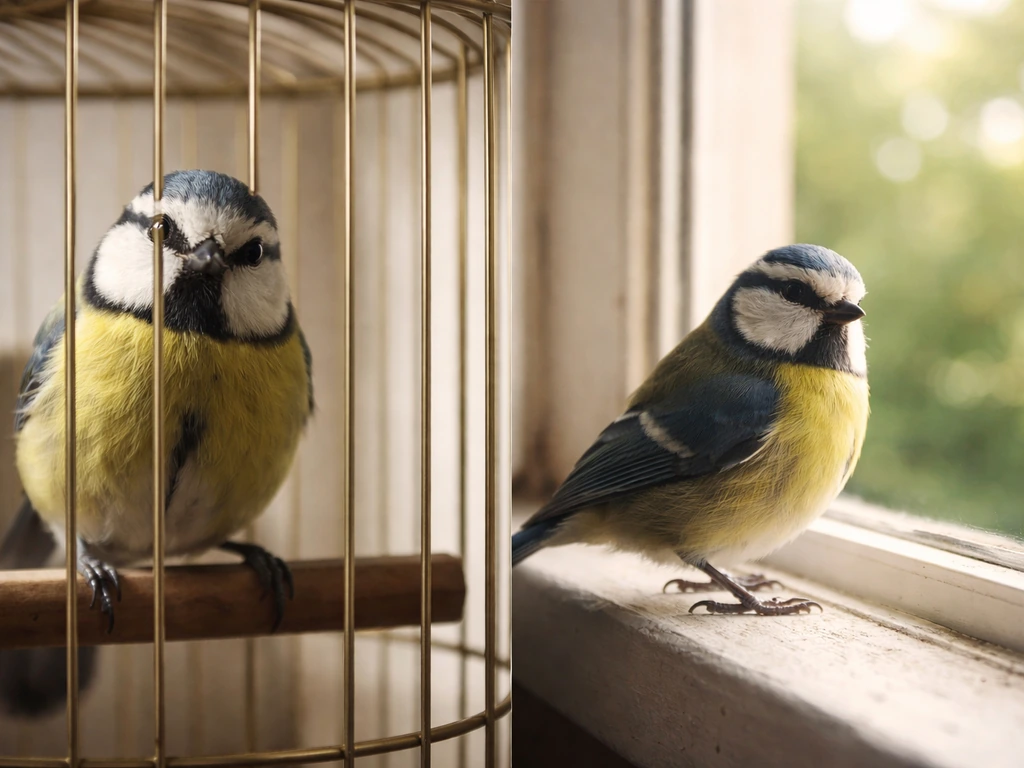 Close-up of a caged bird beside the same bird perched behind a window, symbolizing captivity vs freedom.