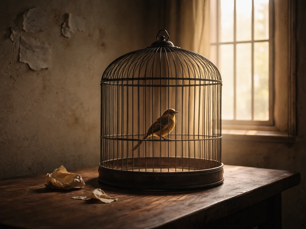 A small bird perched in a simple cage, with dim light fading to brighter hope from a window.