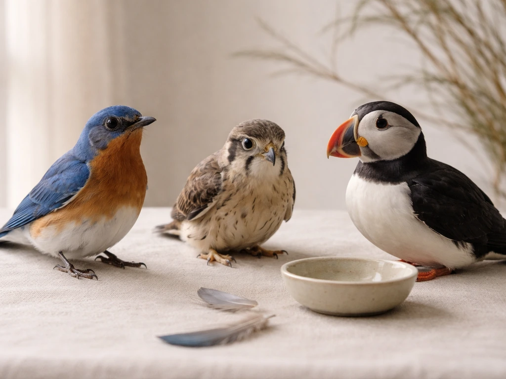 Three realistic, non-identifiable birds on a minimal outdoor tabletop setup with soft natural light.