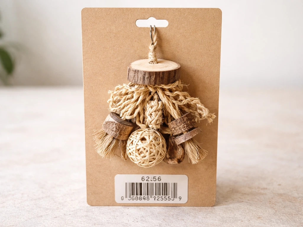 Close-up of a “Duke” Naturals bird toy packaging on a neutral tabletop with model and UPC visible.