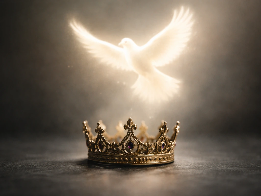 Gold crown emblem hovering above a minimalist dove-like silhouette, symbolizing nobility and omens