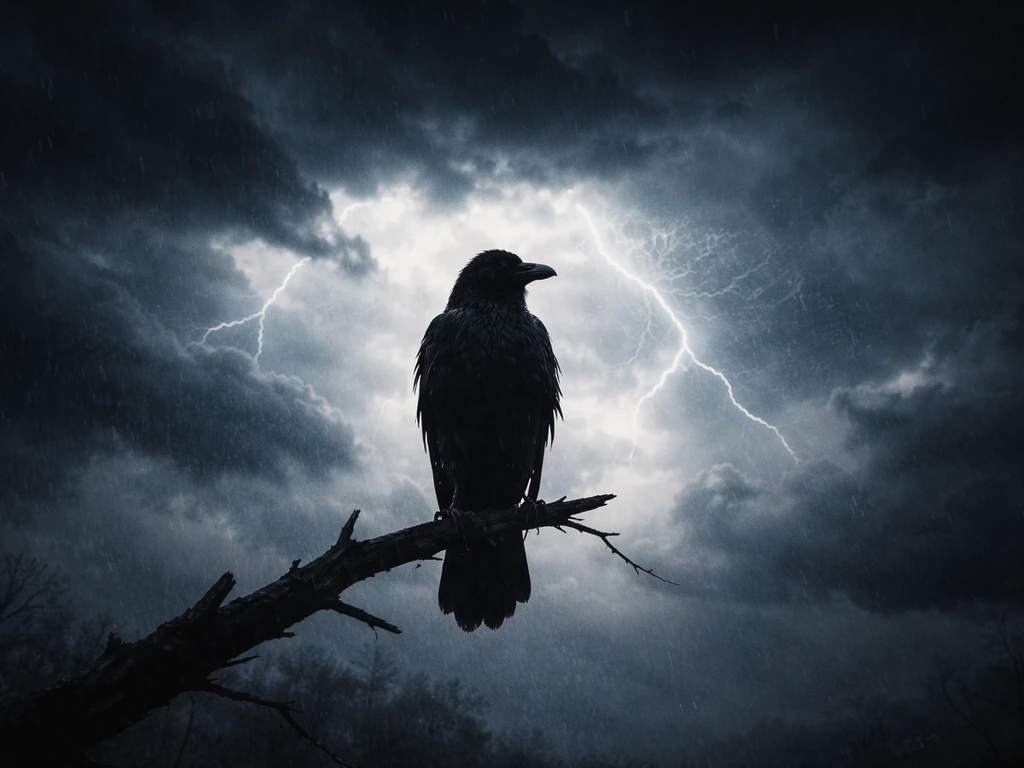 A lone omen bird silhouetted against a stormy sky, with faint lightning and subtle justice-like symbolism.