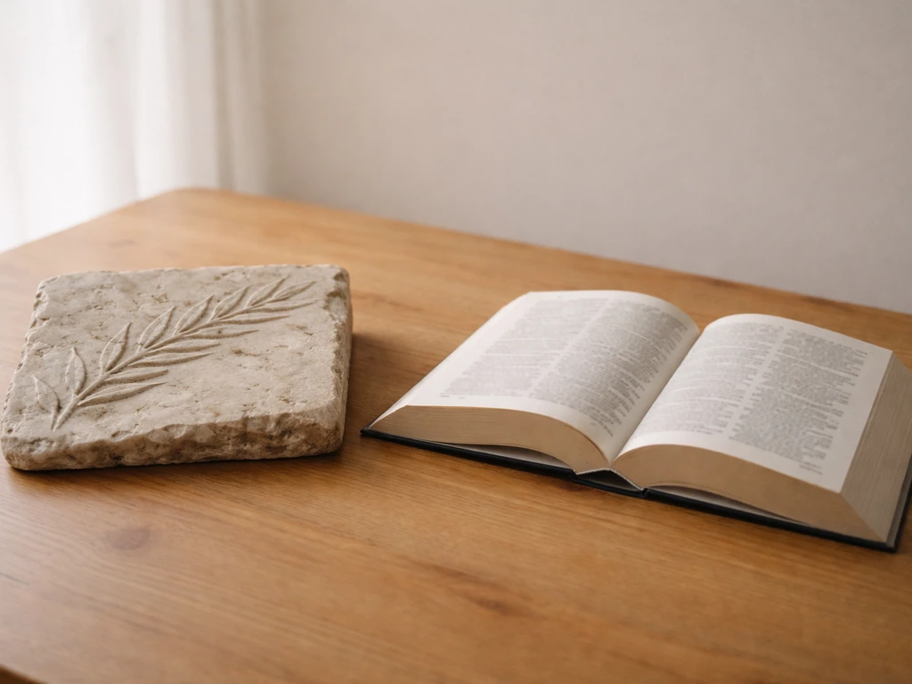 Ancient Greek-style stone tablet beside an open modern dictionary, symbolizing nemesis from myth to modern English.