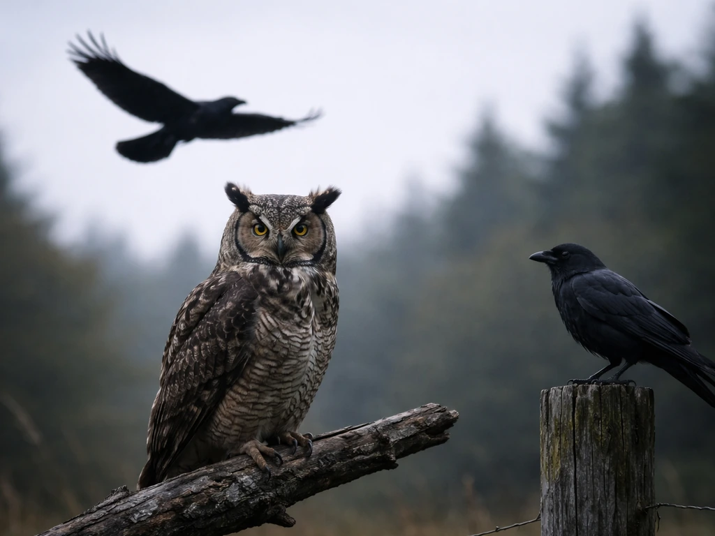 Moody outdoor photo with an owl, raven, and crow on branches symbolizing justice and omens.