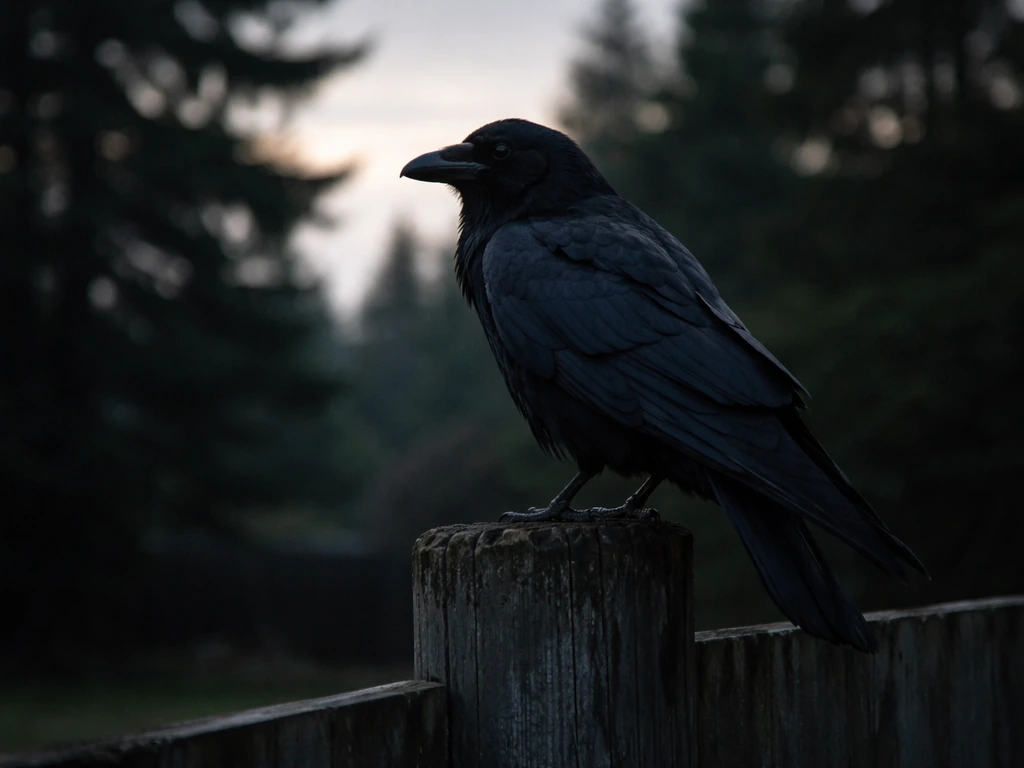 A lone raven perched on a fence post at dusk, sharply lit against a dark blurred background.