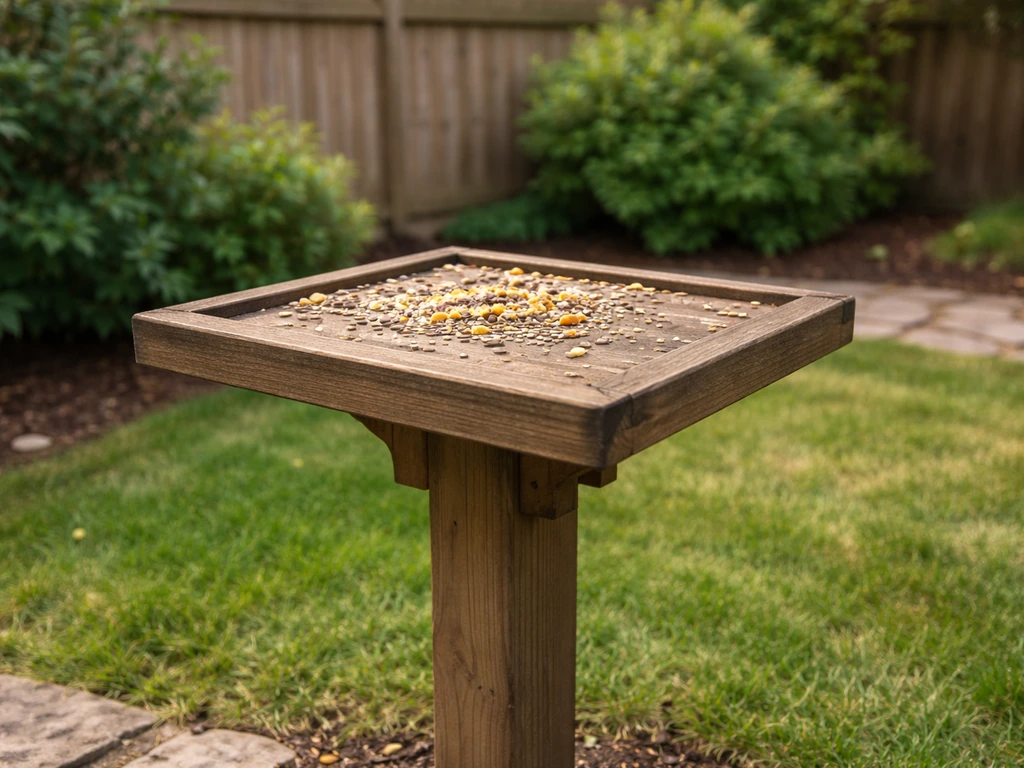 Small raised bird table in a backyard garden with visible bird food on top.