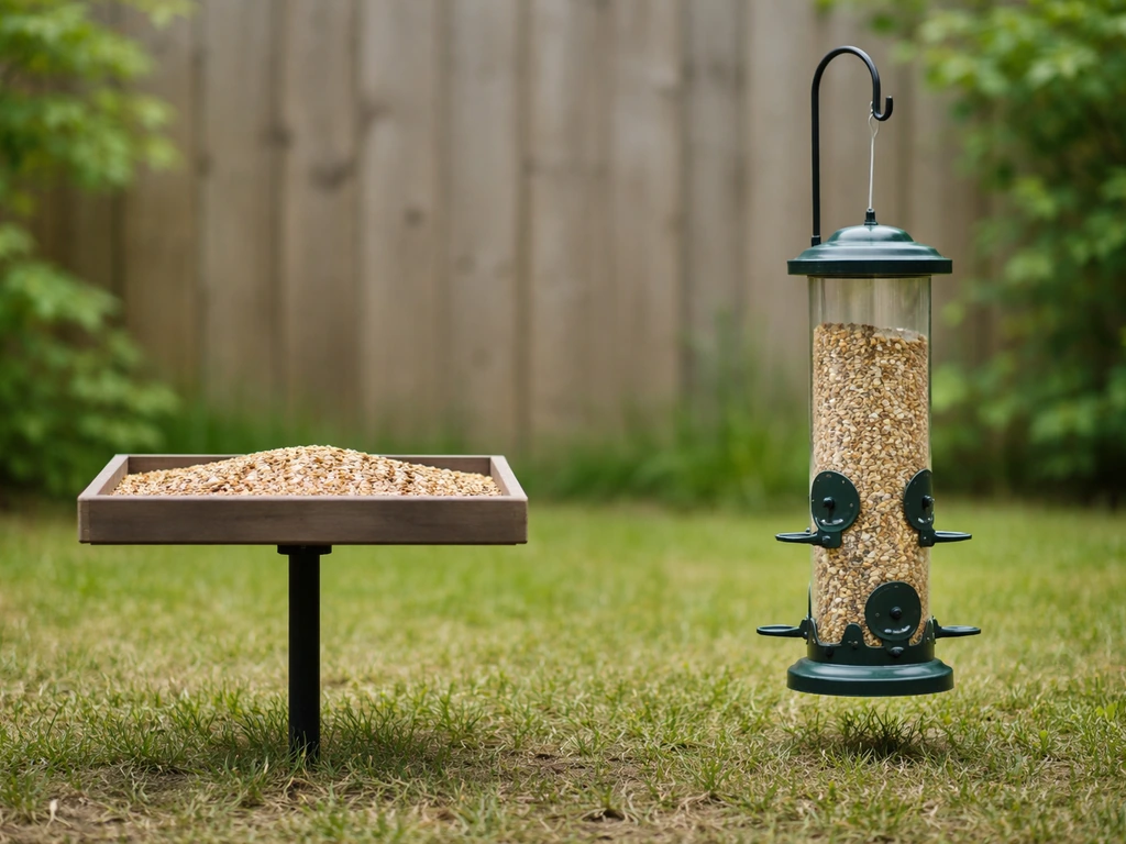 Side-by-side bird table and bird feeder structures outdoors on a simple patio