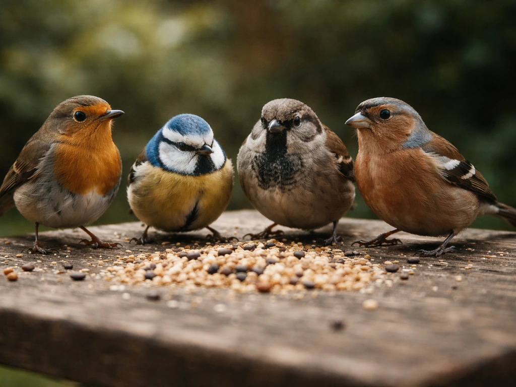 Close-up of several small birds perched together on a backyard bird table with scattered seeds.