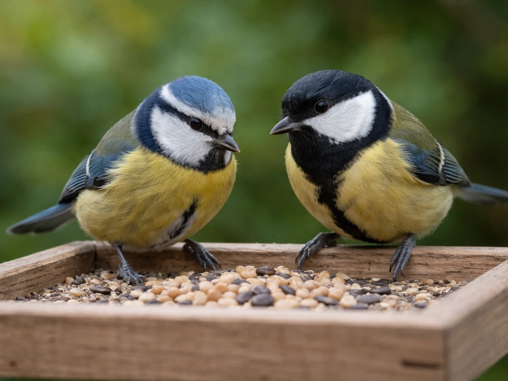 Blue tit and great tit perched on a bird table, feeding side by side with clear color differences.