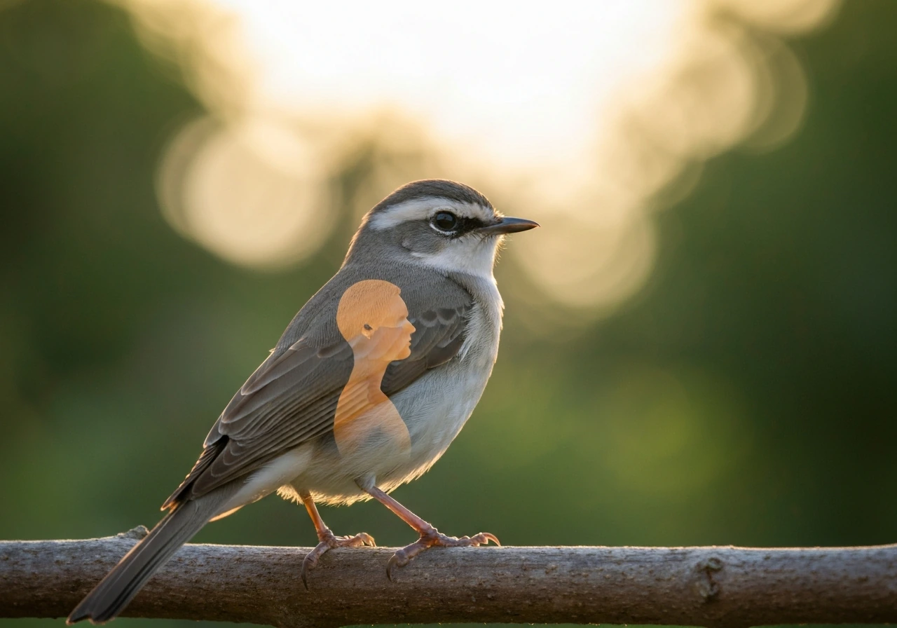 A close-up bird on a branch with a subtle human silhouette reflection suggesting bird person meaning.
