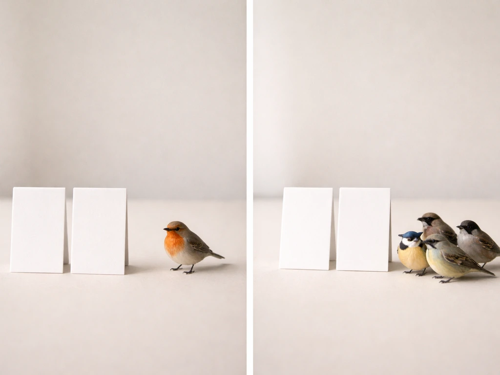 Minimal split scene with one small bird on the left and a small flock on the right, plus blank cards.