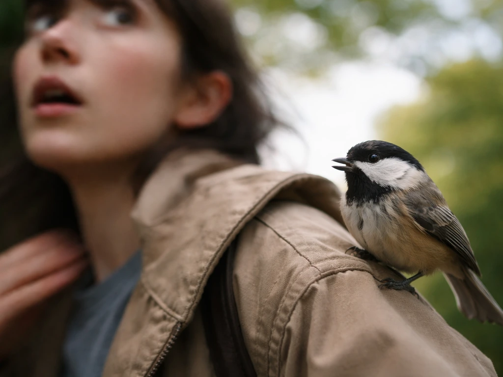 Anonymous person in motion, startled look as a small bird lands nearby in soft natural light.