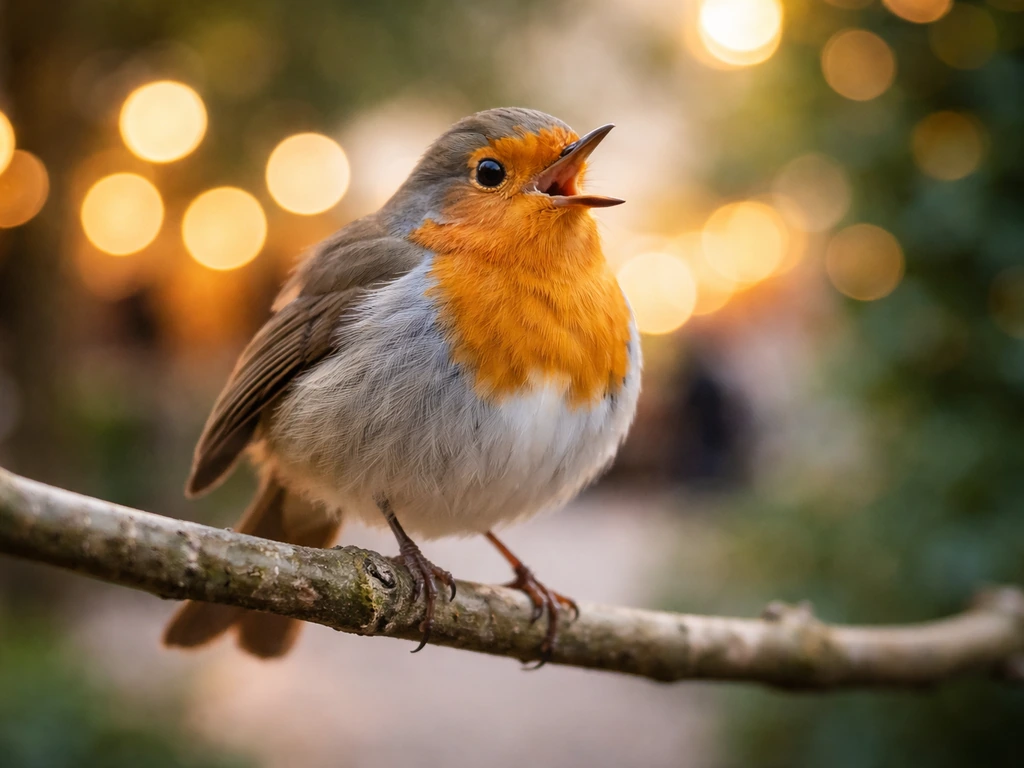 Colorful chirping bird perched on a branch with warm bokeh suggesting lively social energy behind it.