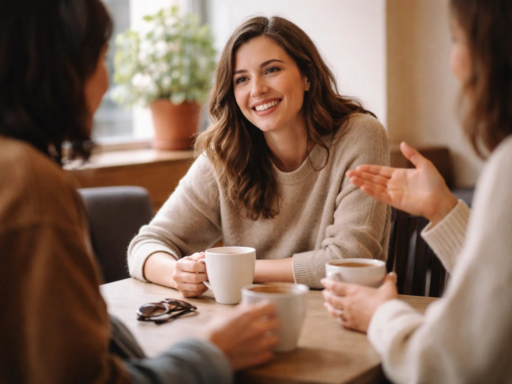 Anonymous person chatting happily in a cozy cafe with others engaged, warm friendly social vibe