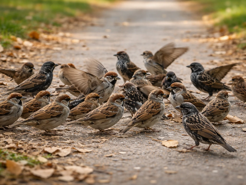 A tight flock of small gray-brown sparrows and starlings hopping and fluttering together on a city park path.